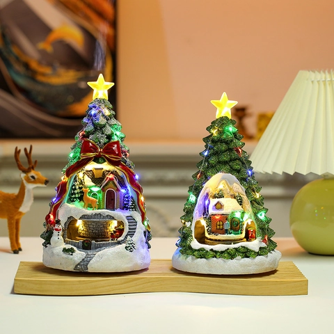 Albero Di Natale Carillon Resina Miniatura Casa De Nieve Villaggio Luminoso LED Ornamento Decorazione Da Scrivania Festiva