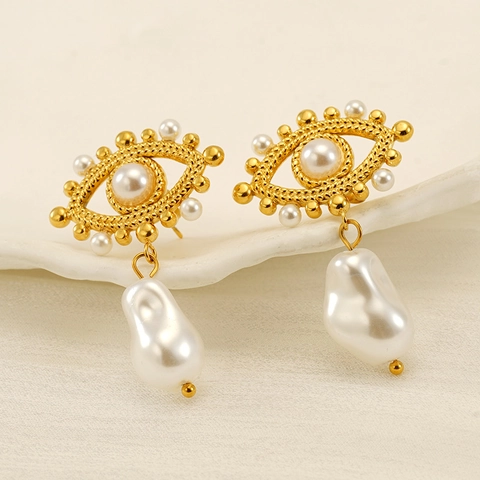 Evil Eye Drop Earrings 18K Gold Plated Stainless Steel With Artificial Baroque Pearl For Women Vintage French Style