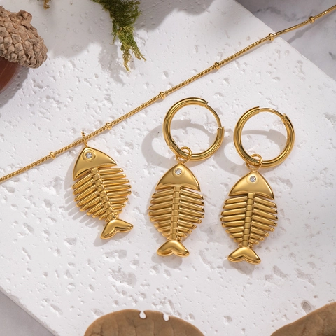 Collar Y Pendientes De Espina De Pescado Acero Inoxidable Chapado En Oro De 18K Impermeable Joyería Para Mujer
