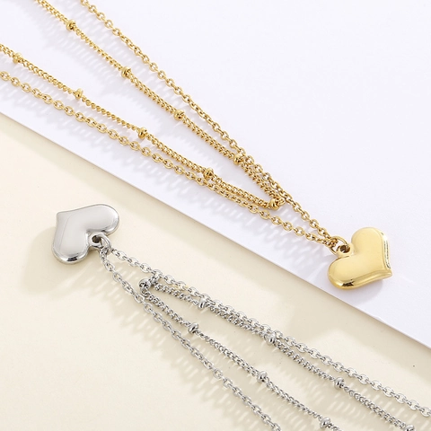 Collar Doble Capa Con Colgante De Corazón Acero Inoxidable 316L Cadena De Bolas Joyería Minimalista Regalo Para Mujer