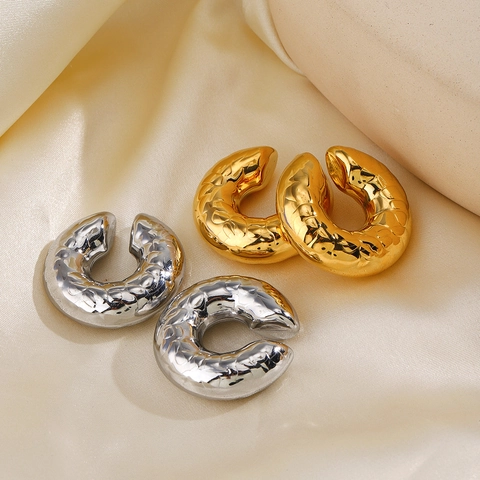 Orecchini A Cerchio Testurizzati Spessi Acciaio Inossidabile Placcato Oro 18K Cavo Geometrico Design Martellato Per Donna