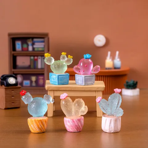 Figurine Di Mini Cactus Luminosi Bagliore Al Buio Resina Traslucida Gelatina Miniatura Pianta In Vaso Desktop