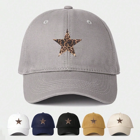 Leopard Print Star Patch Baseball Cap For Women Adjustable Polyester Canvas Curved Brim Casual Fashion Sun Hat