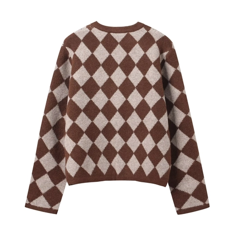 Cardigan In Maglia Argyle Vintage Da Donna Manica Lunga Girocollo Bottoni A Cuore Stile Preppy
