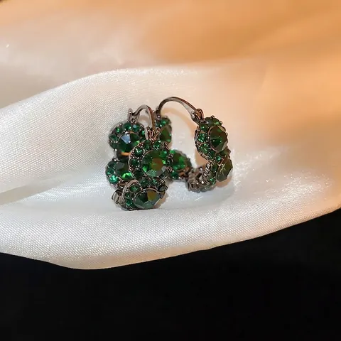 Retro Smaragdgrüne Strass Geometrische Creolen Mit Silberohrstecker Luxus Mode Schmuck Für Frauen