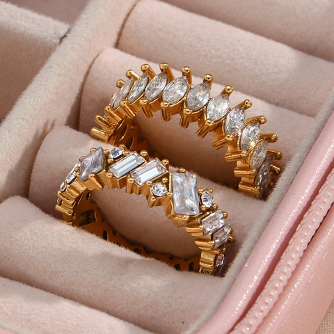 Geometric Marquise Zirconia Stainless Steel Ring For Women Gold Plated Elegant Fashion Jewelry Elegant Finger Ring Accessory