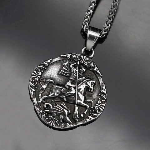 Collar Con Colgante De Relieve San Jorge Matando Al Dragón Acero Inoxidable Pulido Redondo Vintage Nórdico Joyería Vikinga Para Hombre