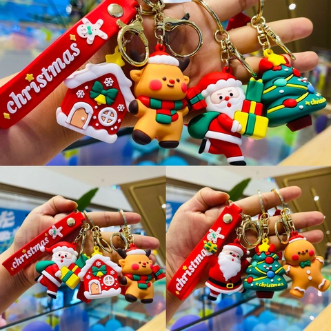 Porte-Clés De Noël PVC Souple Silicone 3D Dessin Animé Père Noël Renne Arbre Charme De Sac Cadeau