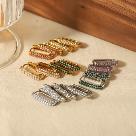 Orecchini A Cerchio Rettangolari Acciaio Inossidabile Placcato Oro 18K Zircone Perla Artificial Huggie Gioielli Per Donna
