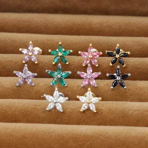 Flower Stud Earrings With Marquise Zircon And 925 Sterling Silver Earring Post Ball Screw Back Piercing For Women
