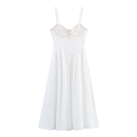 Elegante Witte Camisole Maxi Jurk Met Gevlochten Bies Hoge Taille Vierkante Hals Mouwloos Polyester Zomerjurk