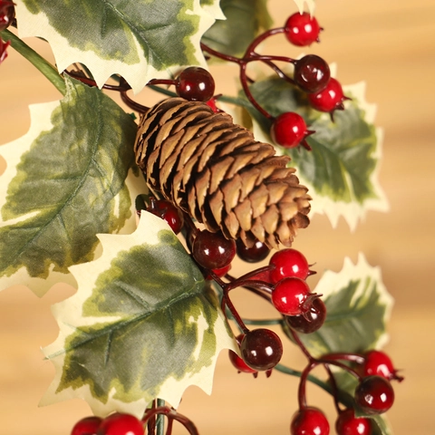 Christmas Wreath Artificial Pine Cones Red Berries White Edged Holly Leaves Iron Frame Door Hanging Festive Decoration