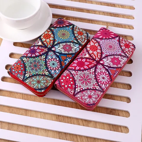 Mandala Print Long Zip Around Wallet For Women Bohemian Ethnic PU Leather Large Capacity Clutch Purse Card Holder
