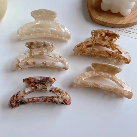 Large Cellulose Acetate Hair Claw Clip Retro Marble Tortoiseshell Pattern Hollow Half Moon Shape Elegant For Women
