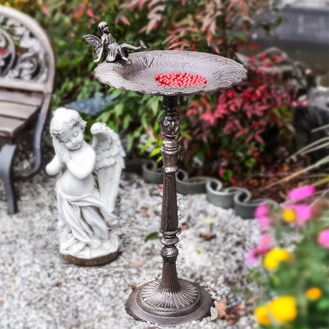 Vintage Cast Iron Standing Bird Feeder Bird Bath Garden Outdoor Decor With Fairy Angel Statue Retro Distressed Metal