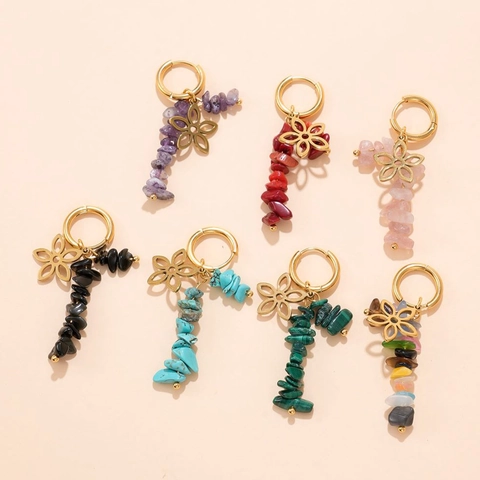 Edelstahl Creolen Hängeohrringe Mit Vergoldeter Hohler Blume Und Naturstein Splitter Boho Schmuck Für Damen