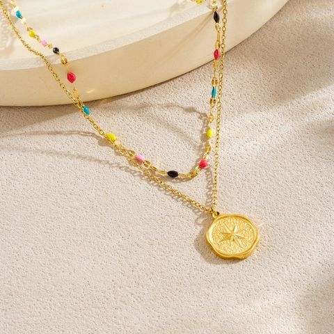 Collier Double Couche Acier Inoxydable Perles Émail Colorées Pendentif Étoile Disque Boussole Bijoux Pour Femmes
