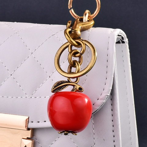 Portachiavi Mela Rossa Retro Ciondolo Borsa Lega Bronzo Antico Chiusura Moschettone Pendente Foglia Accessorio Carino