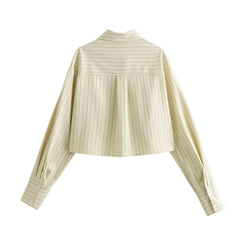 Striped Long Sleeve Cropped Shirt Polyester Lapel Collar Single Breasted Button Down Elegant Blouse Top Spring