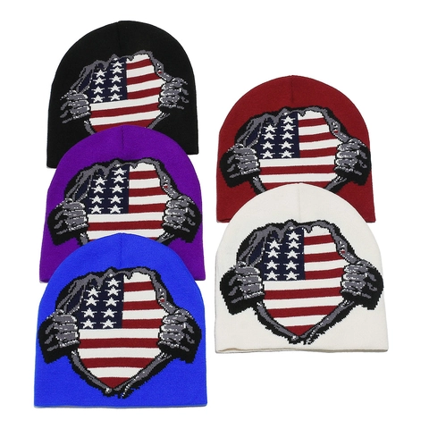 USA Flagge Jacquard Strickmütze Acryl Winter Warm Reißeffekt Streetwear Für Herren Damen