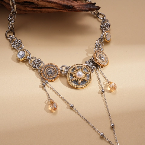 Barock Palast Vintage Halskette Mit Kupfer Straß Imitation Künstliche Perle Harz Glas Sonne Wassertropfen Anhänger Quaste Lange Kette