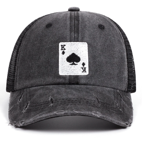 Berretto Da Baseball In Cotone Lavato Distressed Vintage Trucker Hat Ricamo Poker King Regolabile Mesh Unisex