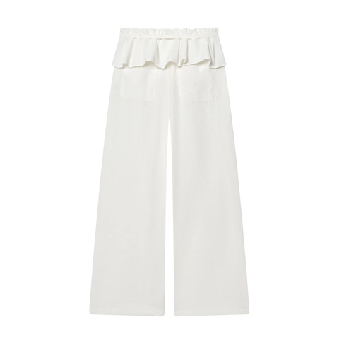 Damen Hose Mit Hoher Taille Und Weitem Bein Rüschenbesatz Passender Gürtel Weiß Lässig Nylon Crinkle Lange Hose