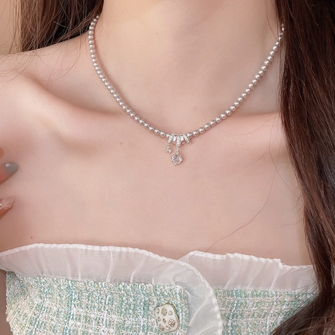 Collana Di Künstliche Perle Sintetiche Rosa Con Pendente A Fiocco In Zircone Elegante Catena Da Clavicola In Rame Per Donna