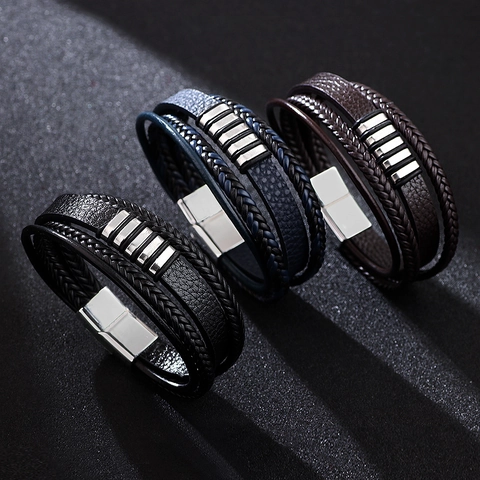 Multilayer Braided PU Leather Bracelet With Stainless Steel Accents And Alloy Magnetic Buckle Fashion Jewelry For Men
