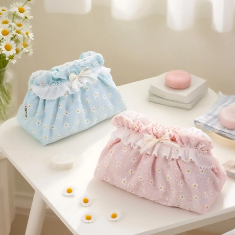 Borsa Per Cosmetici Floreale Pizzo Stampa Margherita Cotone Organizzatore Trucco Portatile Pochette Viaggio Cerniera