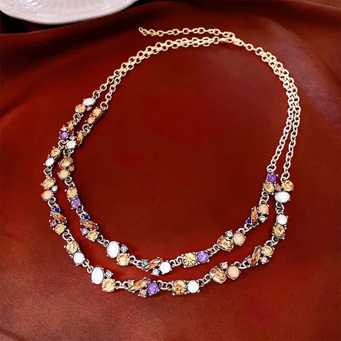 Double Layer Colorful Rhinestone Necklace Alloy Crystal Geometric Vintage Palace Style Clavicle Chain For Women