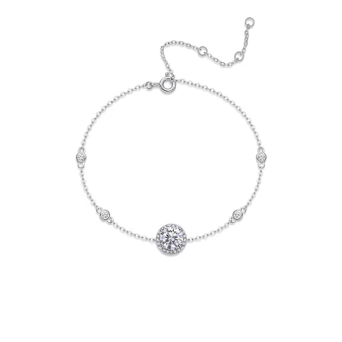 925 Sterling Silver 1ct Moissanite Bracelet For Women Round Halo Adjustable Chain Bracelet Fine Jewelry With GRA Certificate