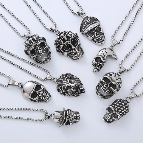 Skull Pendant Necklace 316L Stainless Steel Gothic Punk Retro Hip Hop Lion Head Jewelry For Men Cool Biker Accessory