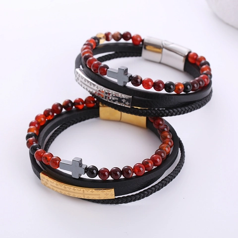 Bracciale Multistrato Uomo Pietra Occhio Di Tigre Acciaio Inossidabile 304 Croce Pelle Nera Intrecciata Chiusura Magnetica
