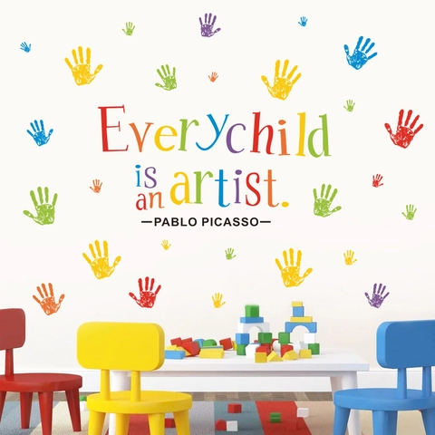 Jedes Kind Ist Ein Künstler Inspirierende Zitat Wandtattoos Bunte Handabdruck PVC Aufkleber Für Kinderzimmer Klassenzimmer Dekor