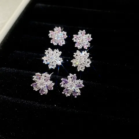 Orecchini A Lobo Fiore Fiocco Di Neve Rame Con Zircone E Silver Earring Post Gioielli Eleganti Lucidi Per Donne