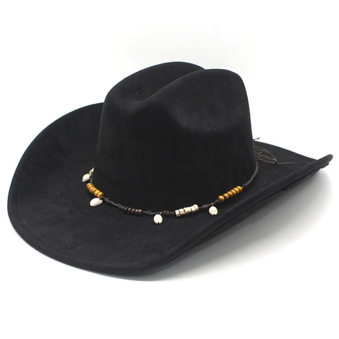 Vintage Western Cowboy Hat Suede Felt Wide Brim Ethnic Bead Shell Decorative Band Jazz Fedora For Travel