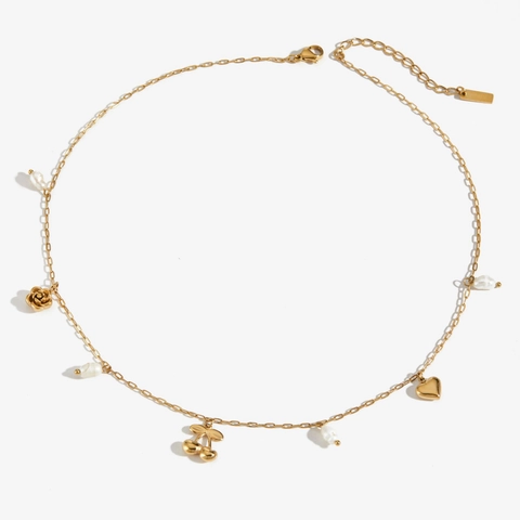 Collar De Acero Inoxidable Con Perlas Artificiales Cereza Flor De Rosa Y Colgantes De Corazón Chapado En PVD Joyería Elegante Para Mujer