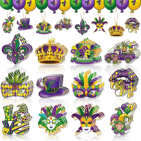 Decorazioni Appese Mardi Gras Etichette Di Carta Decorazione Festa Carnevale Maschera Corona Gnomo Viola Verde Oro Mascherata
