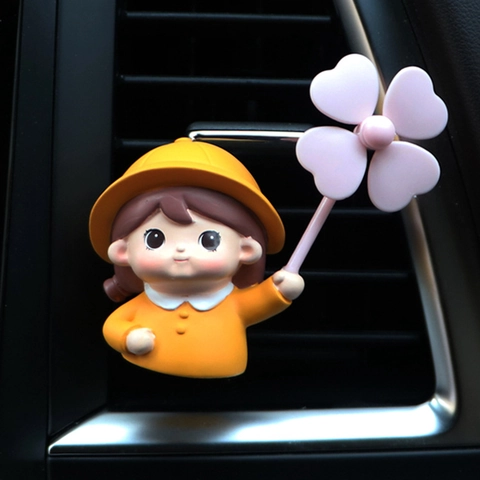Cute Cartoon Raincoat Boy Girl Car Air Vent Aromatherapy Clip Ornament Resin Rotating Clover Windmill Interior Decoration
