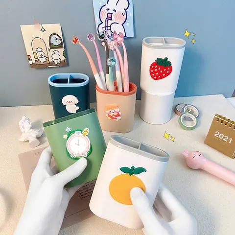 Pencil Cup Pen Holder Desktop Organizer Plastic Dual Compartment For Stationery Makeup Brush Nordic Style Cute 3D Patch