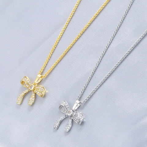 Elegant Copper Bowknot Pendant Necklace With Zirconia For Women Stylish Clavicle Chain Fashion Jewelry Accessory Gift