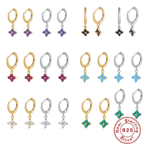 925 Sterling Silver Hoop Earrings With Four Petal Flower Pendant Colorful Zircon Fashion Dainty Jewelry For Women