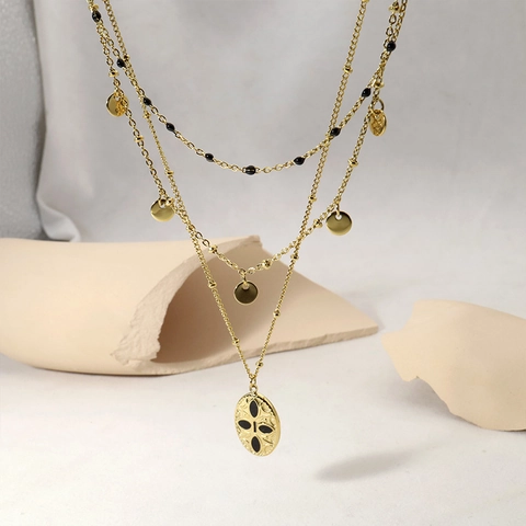 Collana Multistrato Vintage Acciaio Al Titanio Placcato Oro 14K Ciondolo Smalto Ovale Perline Nere Gioielli Donna