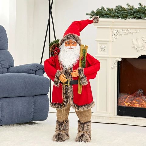 Standing Santa Claus Figurine Large Christmas Decoration For Home Window Display Fabric Faux Fur Traditional Nordic Style