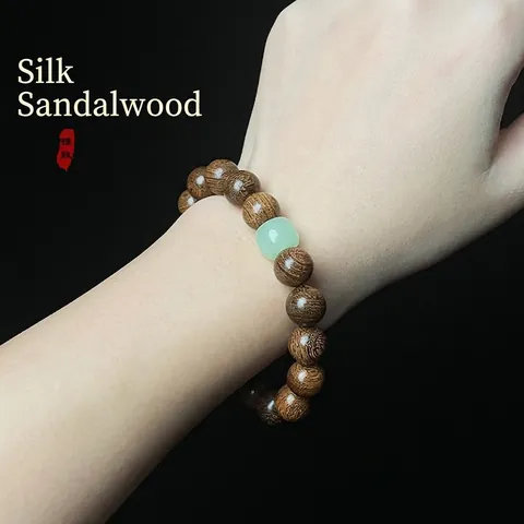 Beaded Bracelet Golden Satin Sandalwood Wood With Jade Like Accent Bead Zen Vintage Minimalist Unisex Hand Polished