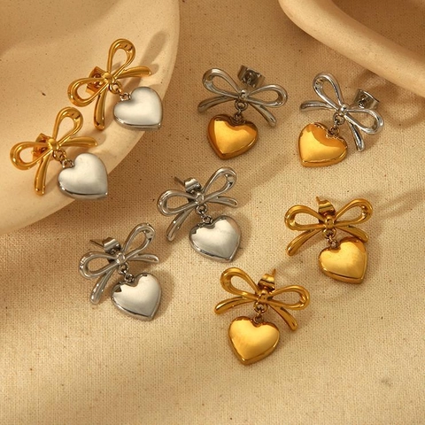 Bowknot Heart Dangle Earrings Stainless Steel Fashion Light Luxury Elegant Jewelry For Women