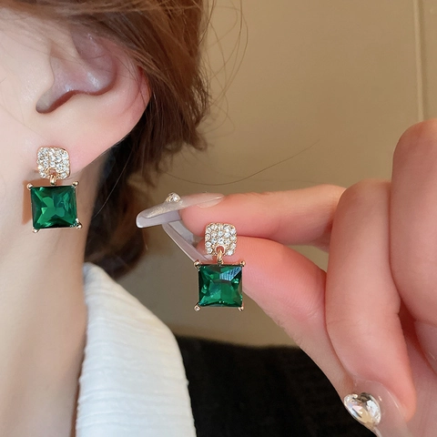 Vintage Square Emerald Green Crystal Drop Earrings With Rhinestones Alloy Jewelry For Women Silver Earring Post