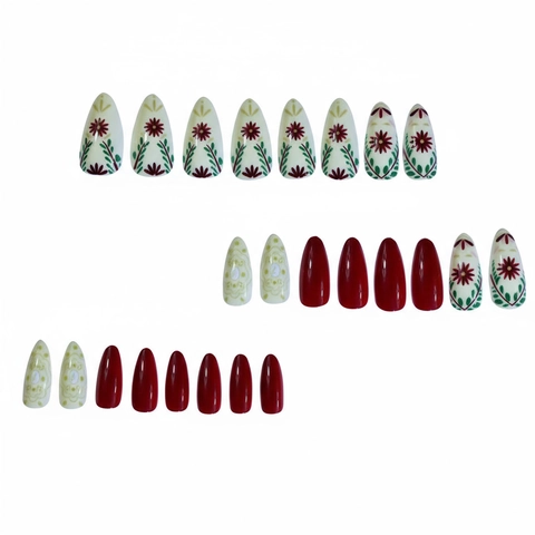 Long Almond Press On Nails ABS Plastic Retro Floral Leaf Autumn Style Women Manicure With Jelly Glue And Nail File