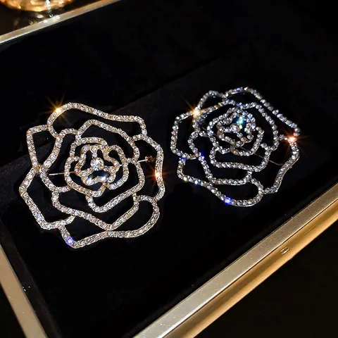 Elegant Hollow Camellia Flower Brooch Alloy Rhinestone Sparkling Crystal Pin For Women Suits Dresses Wedding